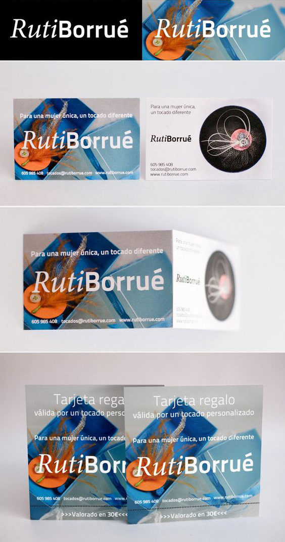 Diseño Logotipo Ruti Borrué. Tocados con material reciclado. Tarjetas