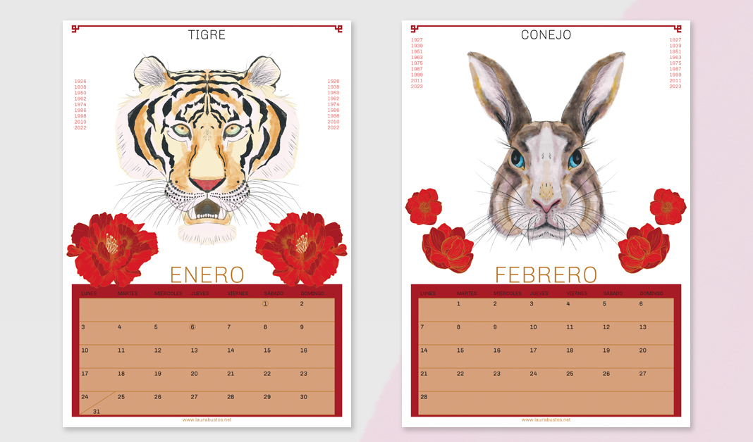 Diseño de calendario, tigre y conejo
