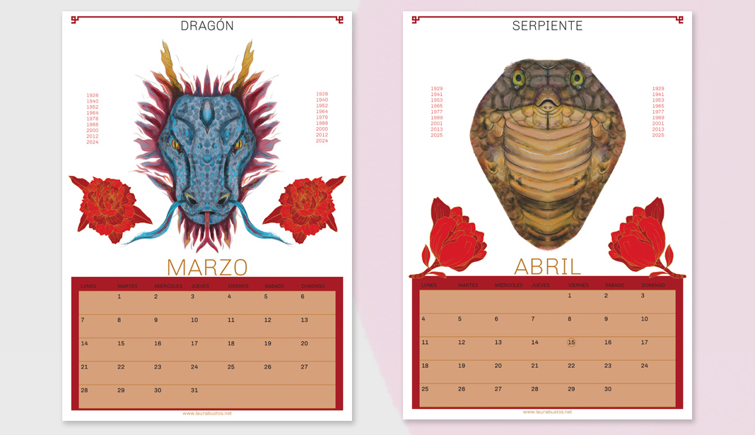 Diseño de calendario. Dragón y serpiente
