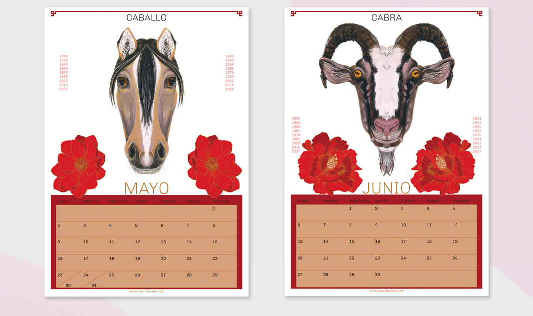 Diseño de calendario. Caballo y cabra