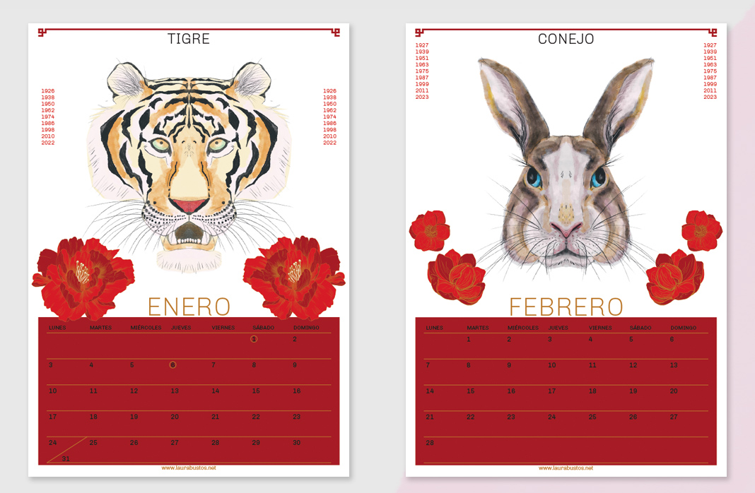 Diseño de calendario, tigre y conejo