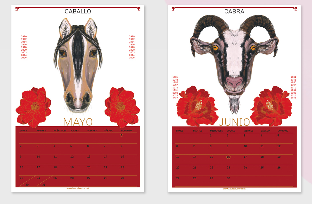 Diseño de calendario. Caballo y cabra